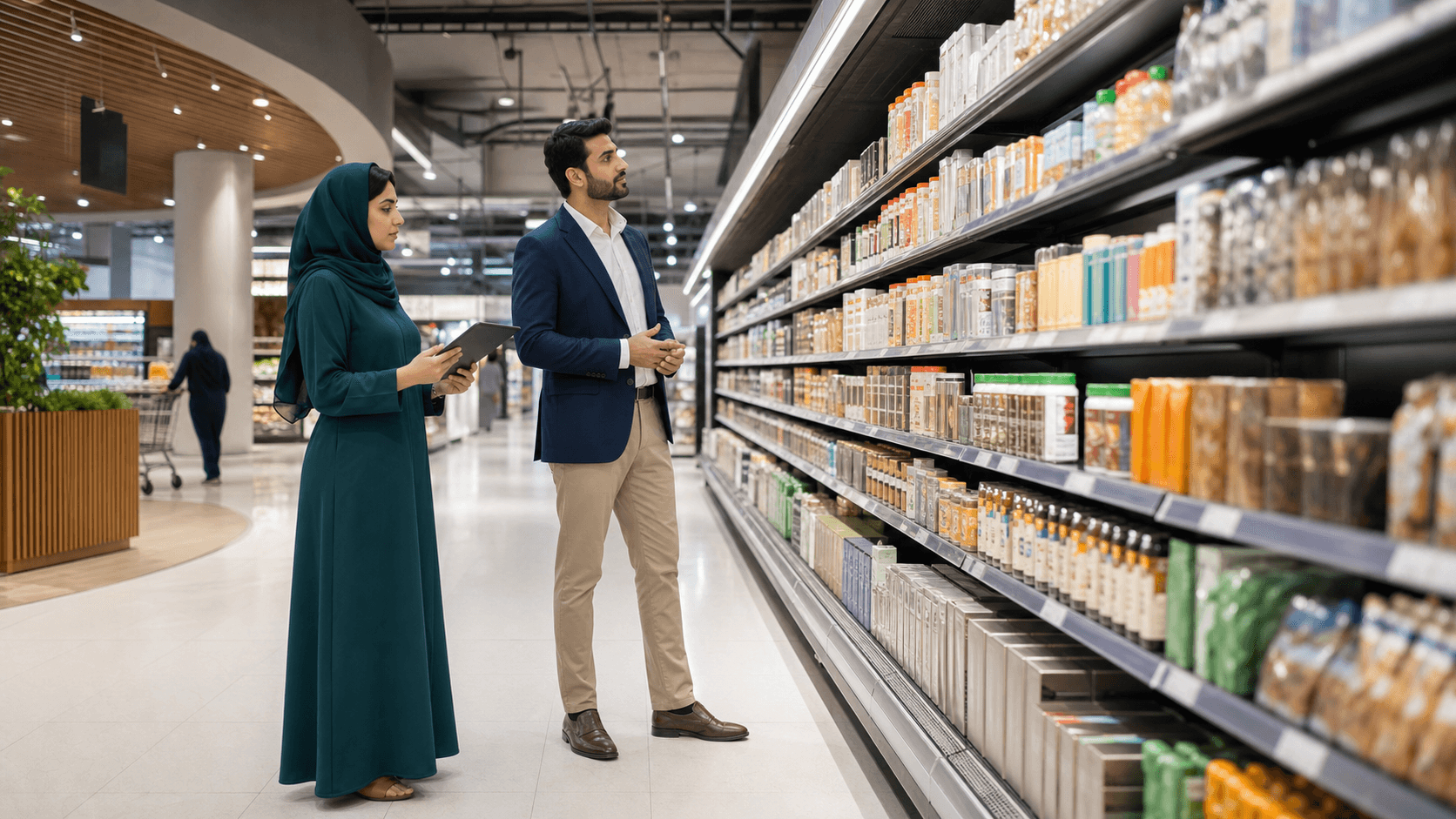 UAE merchandising professionals reviewing a supermarket shelf