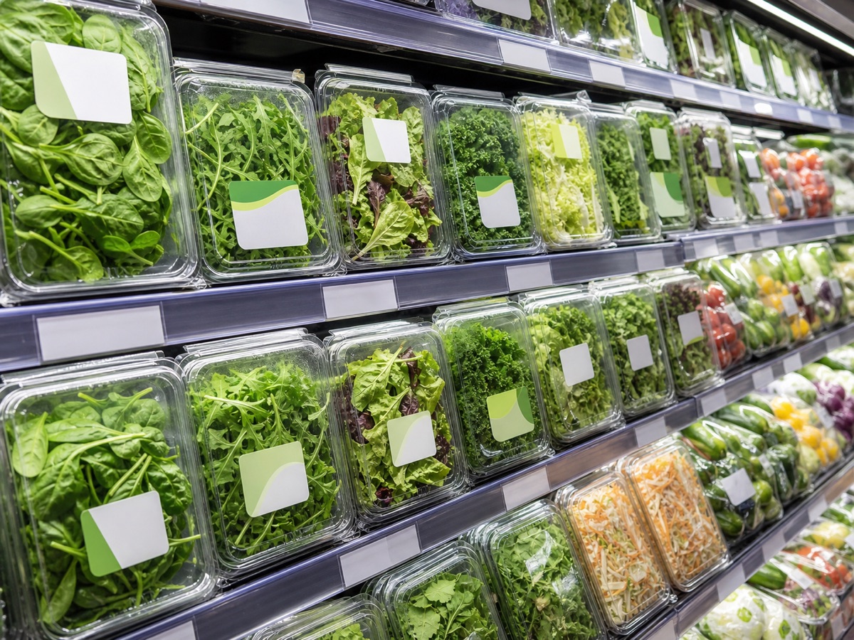 Packed fresh vegetables and salad greens arranged in a chilled retail display