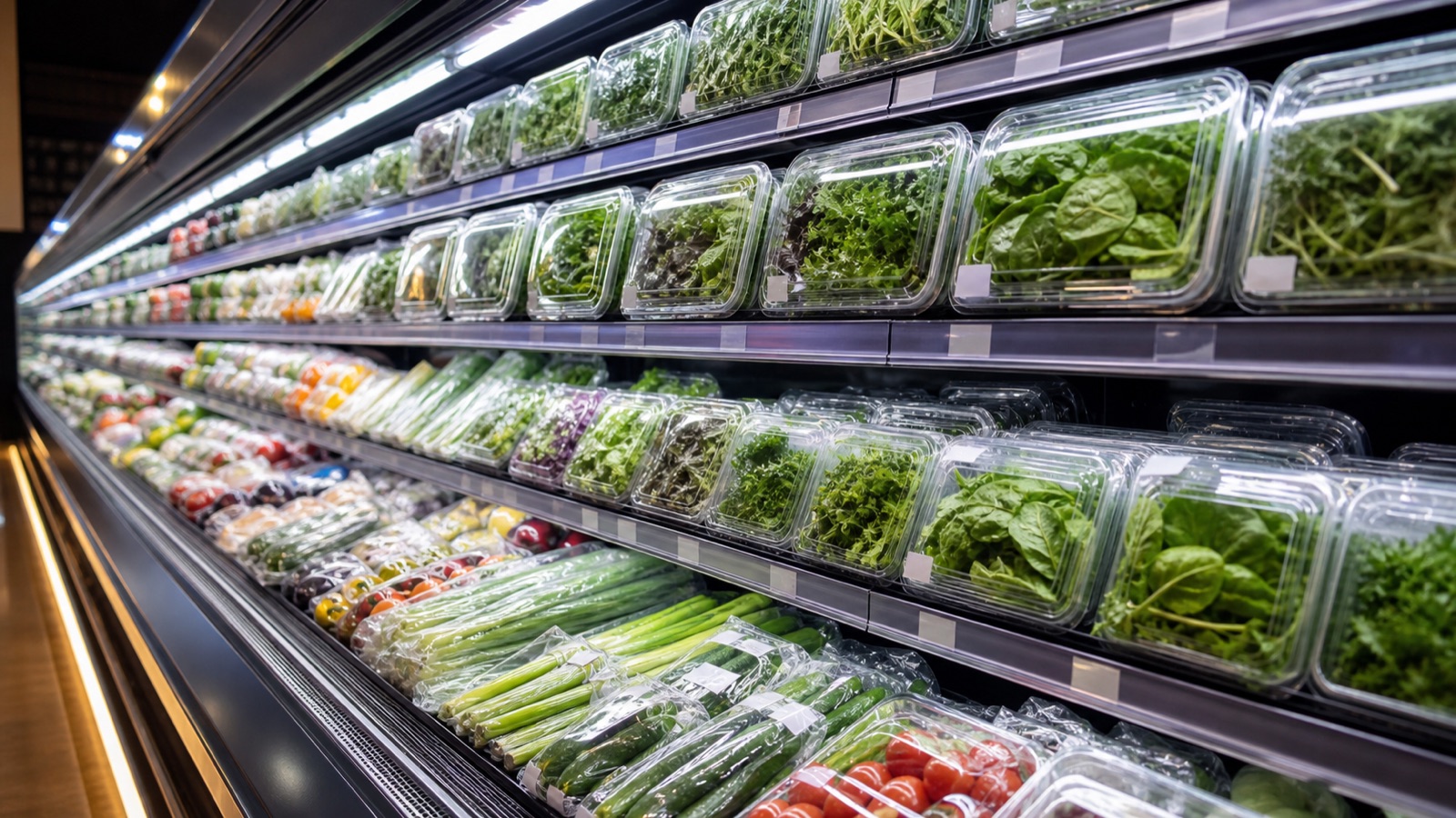 Refrigerated fresh vegetable merchandising display in a supermarket