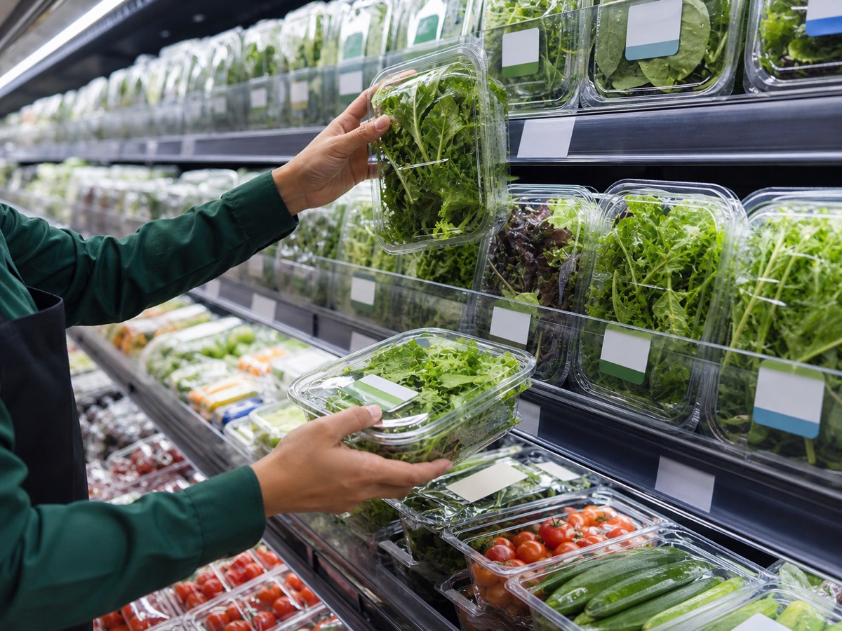 Merchandiser arranging packed leafy greens in a chilled supermarket case