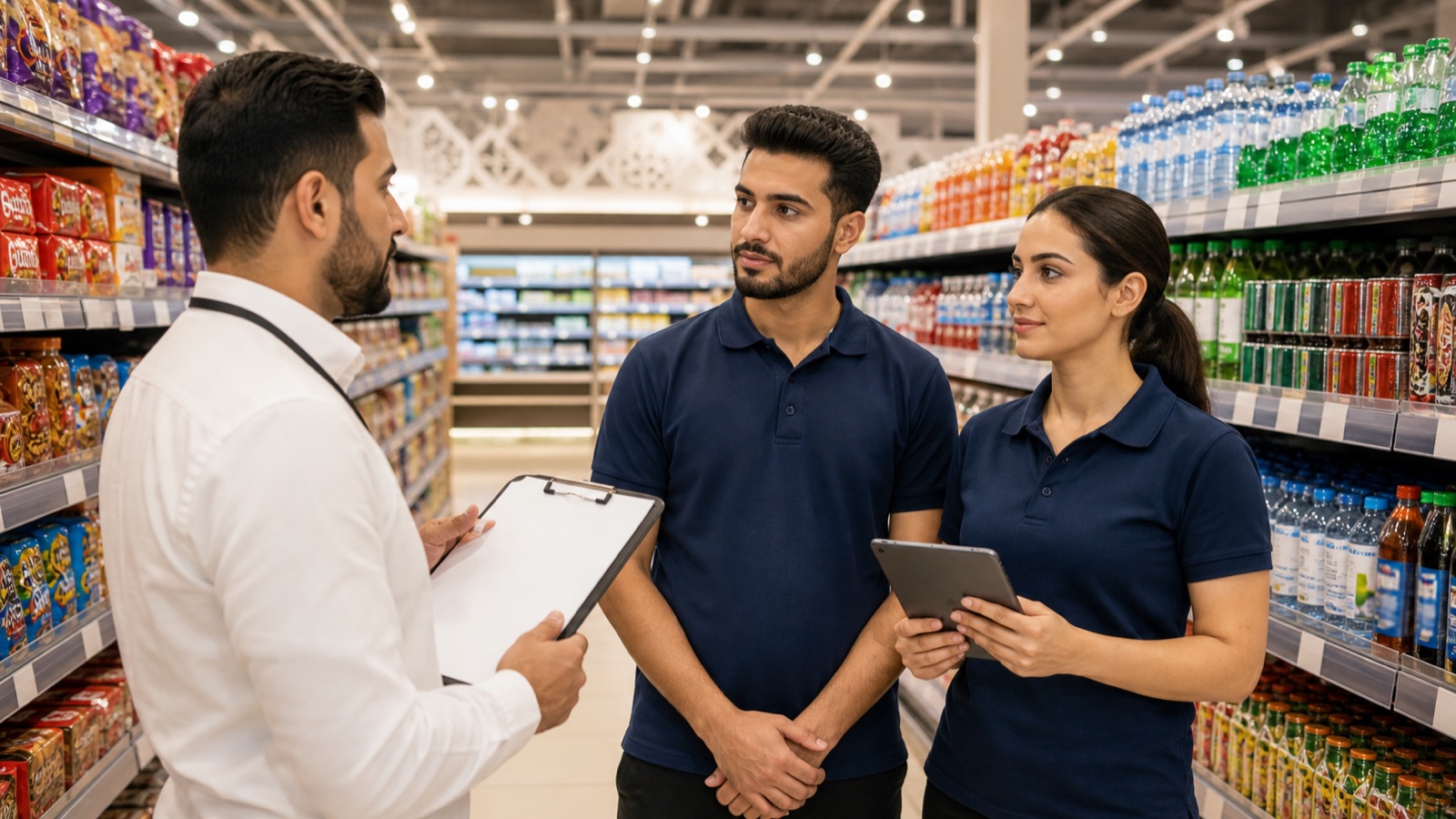 Supervisor assessing merchandiser skills in a retail aisle