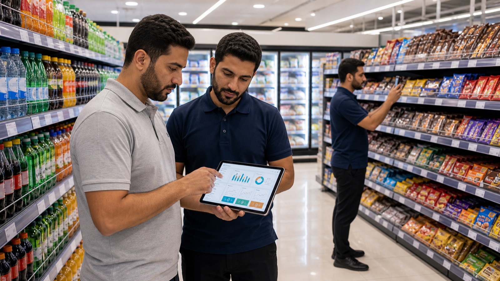 Supervisor reviewing FMCG merchandising KPI dashboard across beverage snack and frozen categories