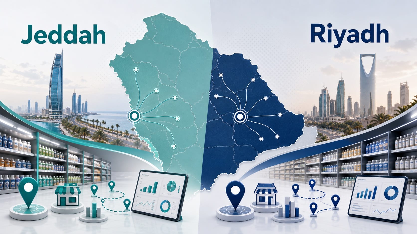 Infographic comparing Jeddah and Riyadh merchandising coverage, retail routes and store density