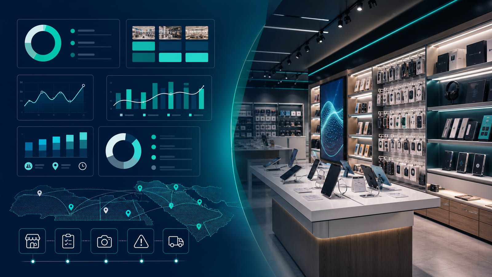 Retail store execution dashboard showing KPI charts and store layouts